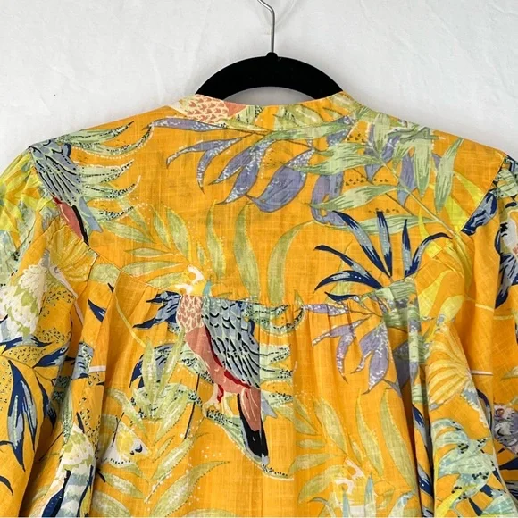 Anthropologie Maeve Yellow Tropical Floral Bird Top Sz L Relaxed Cotton Button - Picture 8 of 14